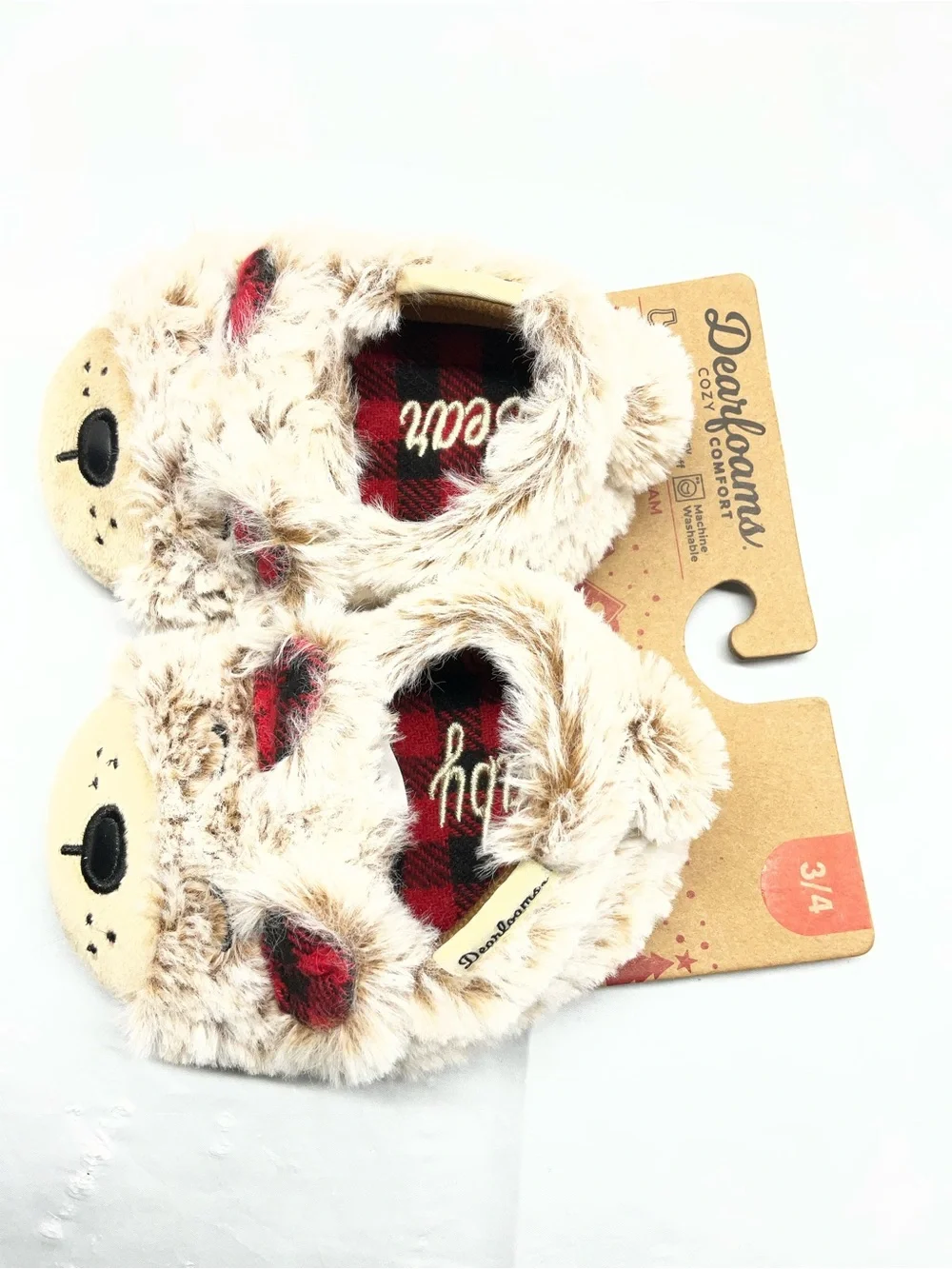 dearfoams Plush Bear Slip-On Slippers in Light Beige with Red Accents